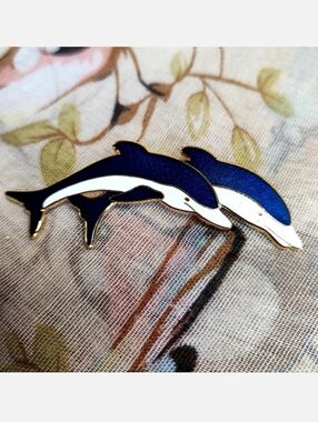 Pair of Blue Dolphins Gold Tone Electroplate Vintage Brooch Dolphin EUC 1980's